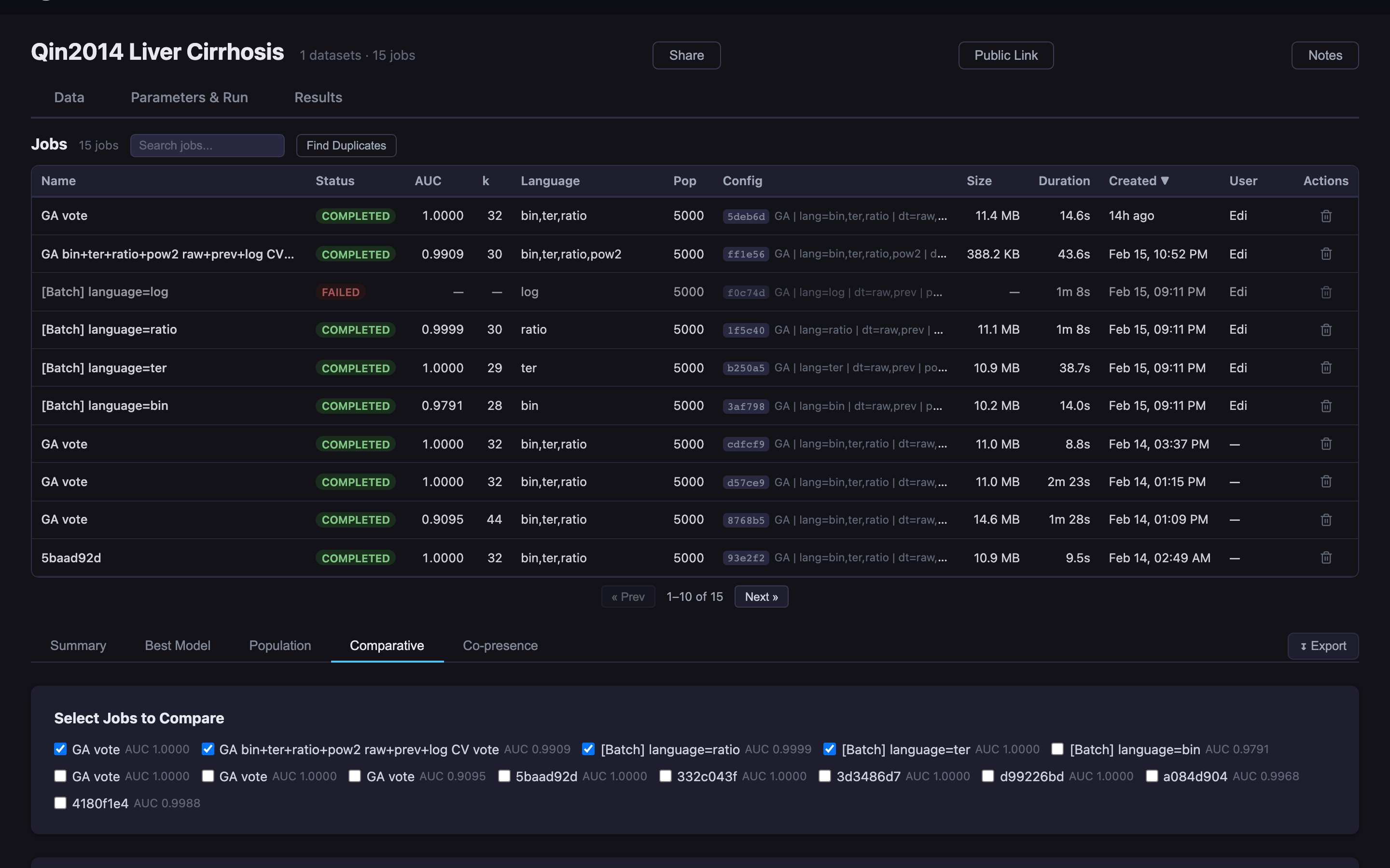 Comparative analysis across multiple jobs