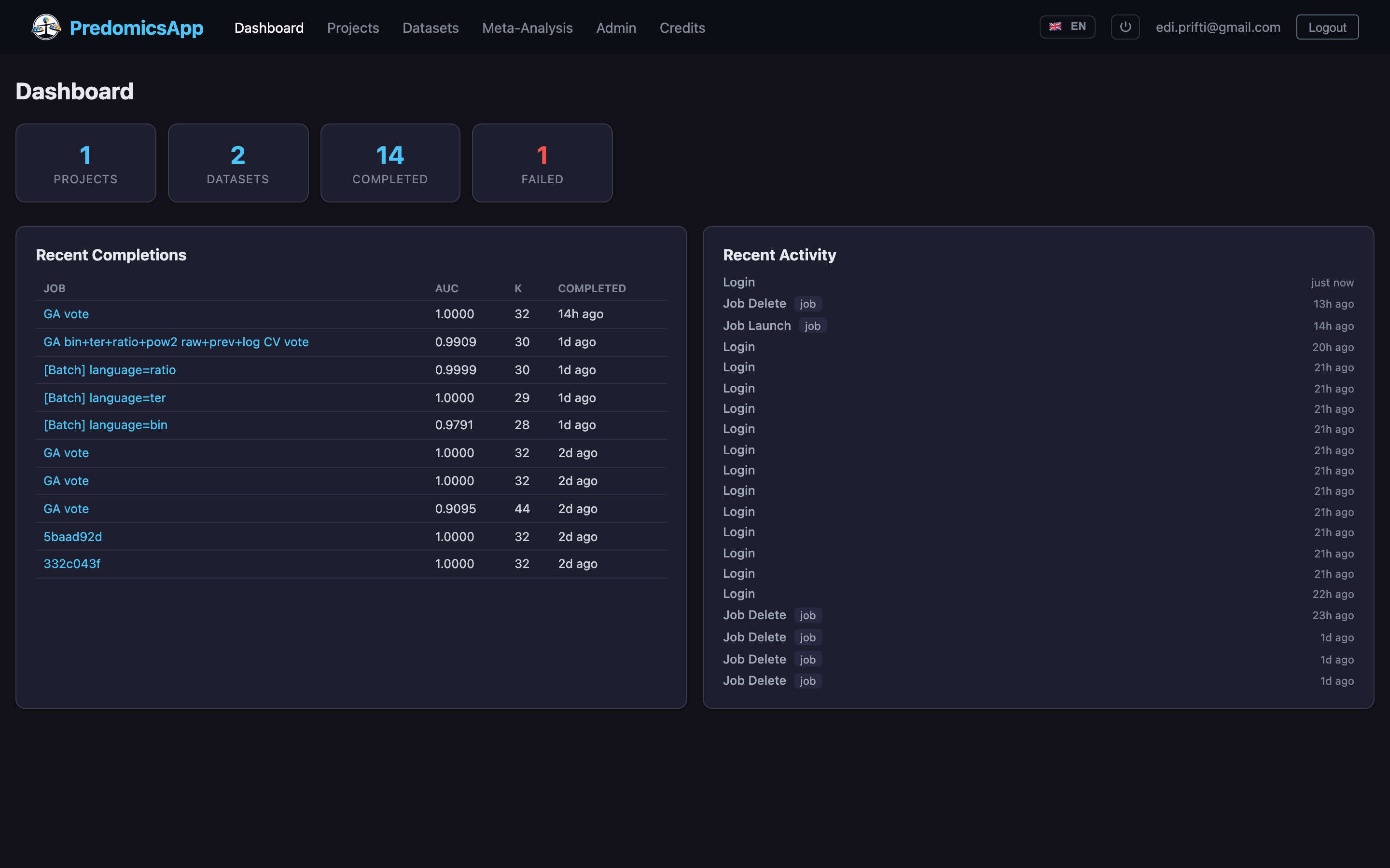 Dashboard with global statistics, recent jobs, and project overview