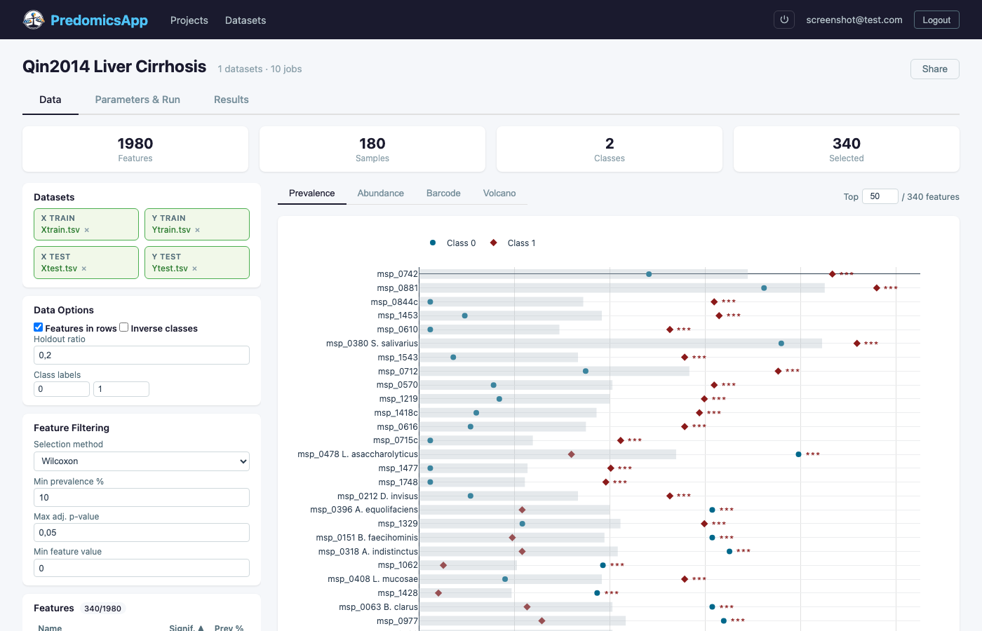 Data explorer with prevalence plots, feature filtering and barcode visualization