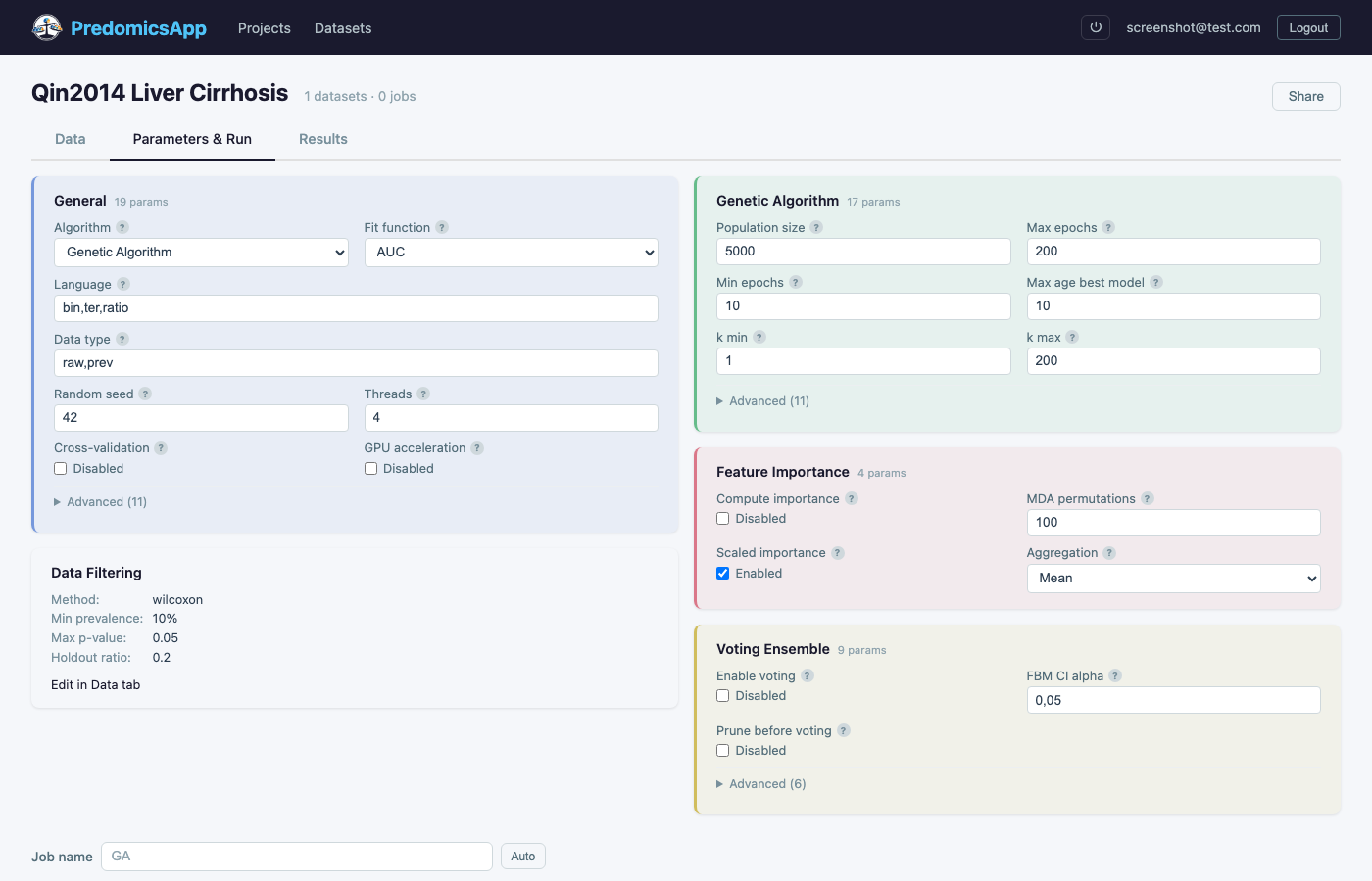 Parameter configuration for genetic algorithm, voting ensemble, and feature importance